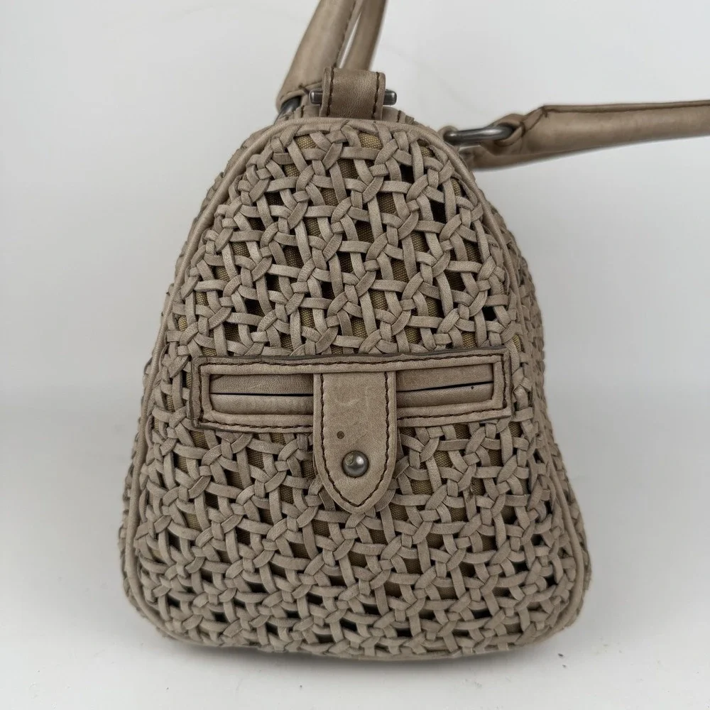 Rebecca‎ Minkoff Satchel Bag Womens Taupe Woven Leather Top Handle Handbag